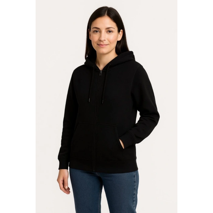 Kadın Üç İplik Kapüşonlu Tam Fermuarlı Kanguru Çepli SweatShirt Hoodie - Siyah