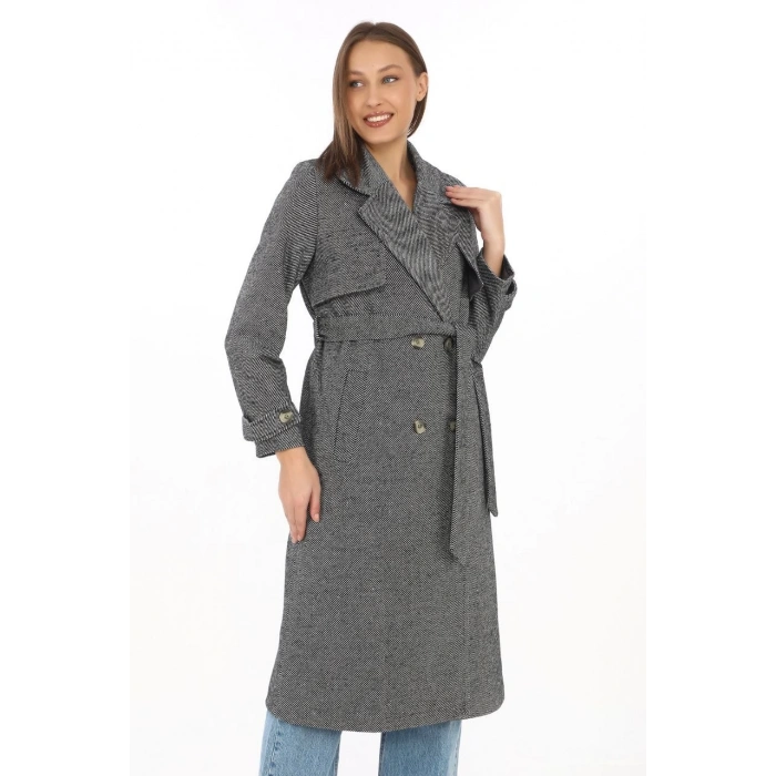 Kadın Uzun Kaşe Kaban – Balık Sırtı Dokuma Kaşmir Kumaş, Kruvaze Yaka, Kuşaklı Cepli Model, Oversize Rahat Kalıp - Boyalı Gri