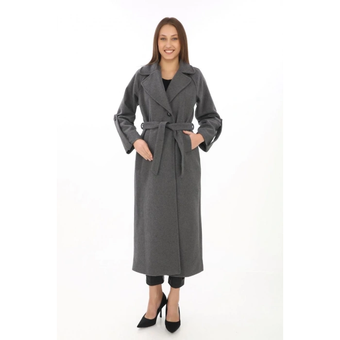 Kadın Uzun Kaşe Kaban – Yünlü Dokuma Kaşmir Kumaş, Kruvaze Yaka, Kuşaklı Astarlı Tesettür Uyumlu Şık Kışlık Siyah Model - Füme