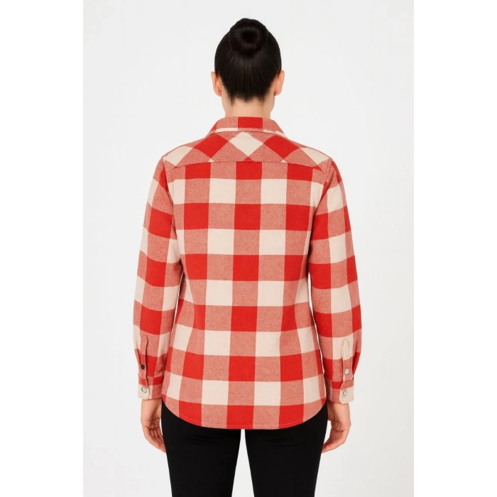 Kadın Oduncu Gömlek – Uzun Kollu, Şardonlu Kumaş, Kırmızı Beyaz Kareli Desen, Regular Fit, Çift Cepli, Manşetli Günlük Şık Stil - Bordo