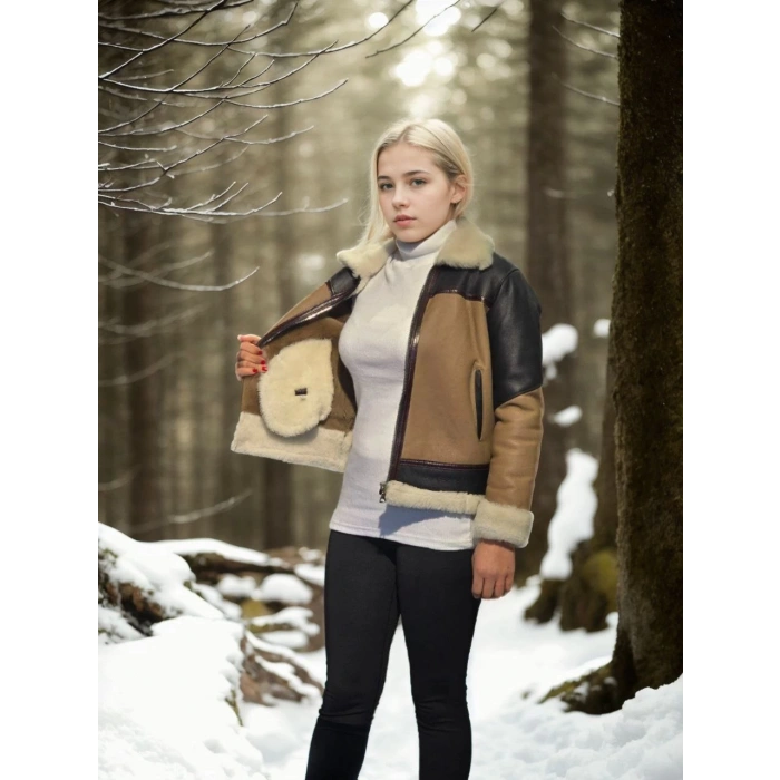 Kadın Uzun Kollu Yakalı Hakiki Kürk - Kahve