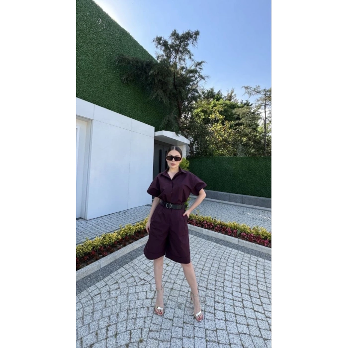 KADIN YAKALI GÖMLEK KEMERLİ ŞORTLU TAKIM - BORDO