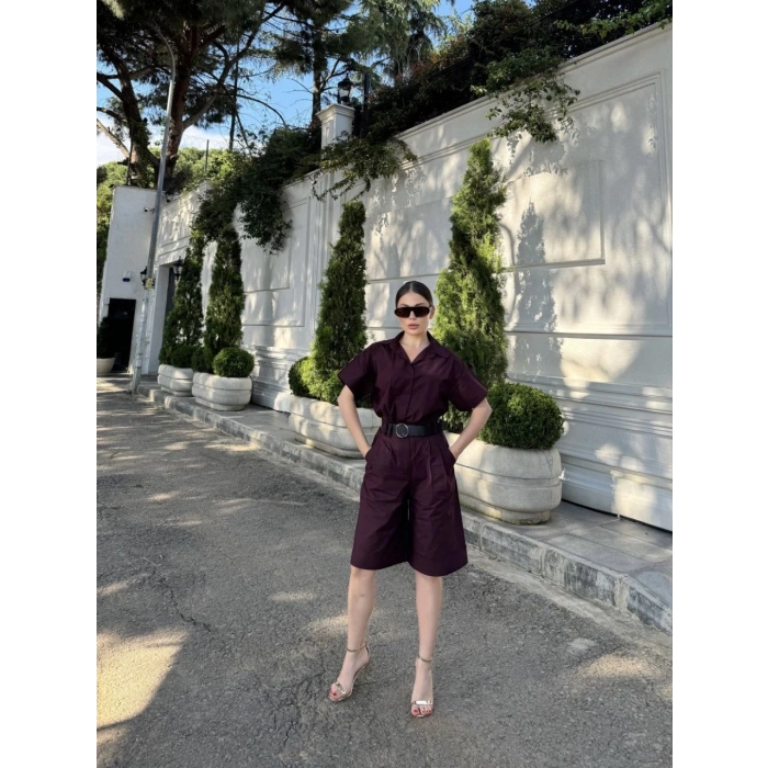 KADIN YAKALI GÖMLEK KEMERLİ ŞORTLU TAKIM - BORDO