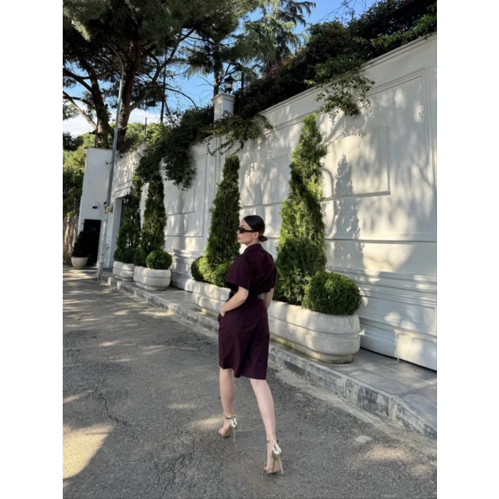 KADIN YAKALI GÖMLEK KEMERLİ ŞORTLU TAKIM - BORDO