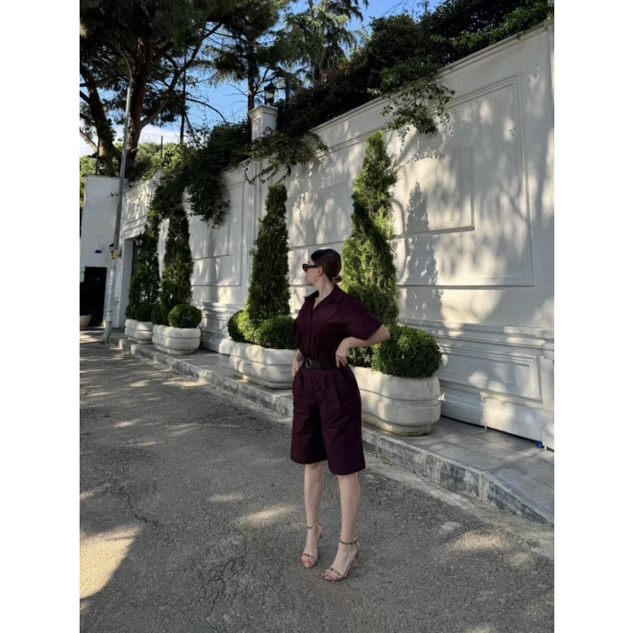 KADIN YAKALI GÖMLEK KEMERLİ ŞORTLU TAKIM - BORDO