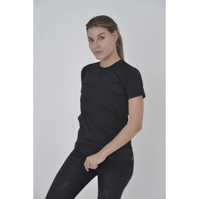 KADIN YANDAN FERMUARLİ SLİM FİT T-SHİRT - SİYAH