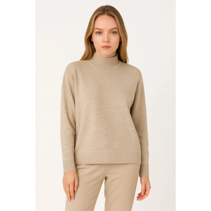 Kadın Yarım Boğaz Triko Kazak yumuşak dokulu Pamuklu ince Dokuma, uzun kollu Rahat Regular kalıp - Bej