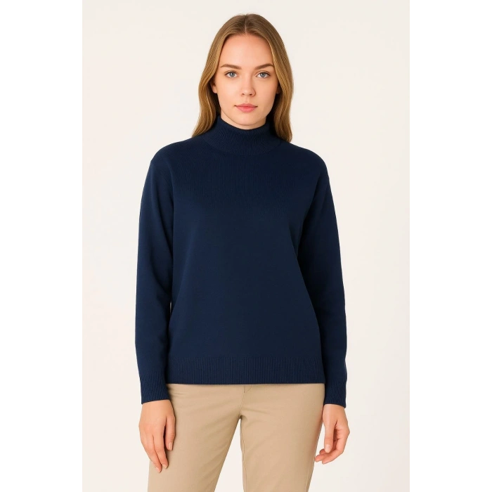 Kadın Yarım Boğaz Triko Kazak yumuşak dokulu Pamuklu ince Dokuma, uzun kollu Rahat Regular kalıp - Lacivert