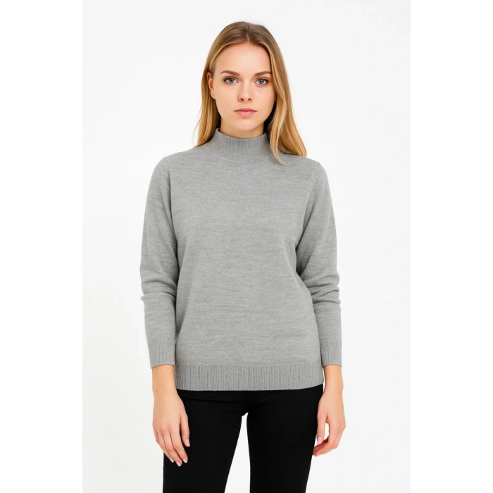 Kadın Yarım Boğaz Triko Kazak yumuşak dokulu Pamuklu ince Dokuma, uzun kollu Rahat Regular kalıp - Gri