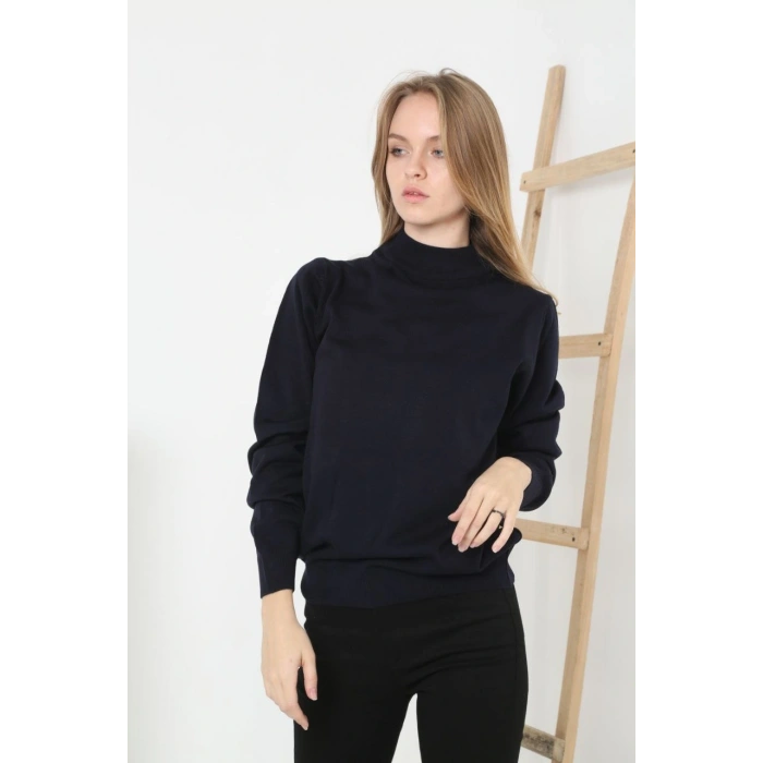 Kadın Yarım Boğaz Triko Kazak yumuşak dokulu Pamuklu ince Dokuma, uzun kollu Rahat Regular kalıp - Siyah