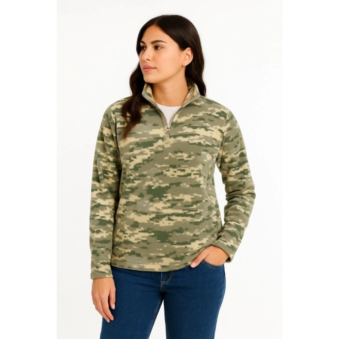 Kadın Yarım Fermuarlı Desenli Polar Sweat – Haki Kamuflaj Yakalı, Uzun Kollu, Oversize Rahat Kalıp - Haki