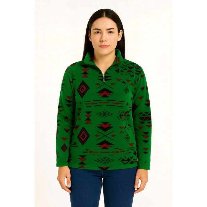 Kadın Yarım Fermuarlı Desenli Polar Sweat Tribal Etnik Desen Yakalı, Uzun Kollu, Oversize Rahat Kalıp - Yeşil