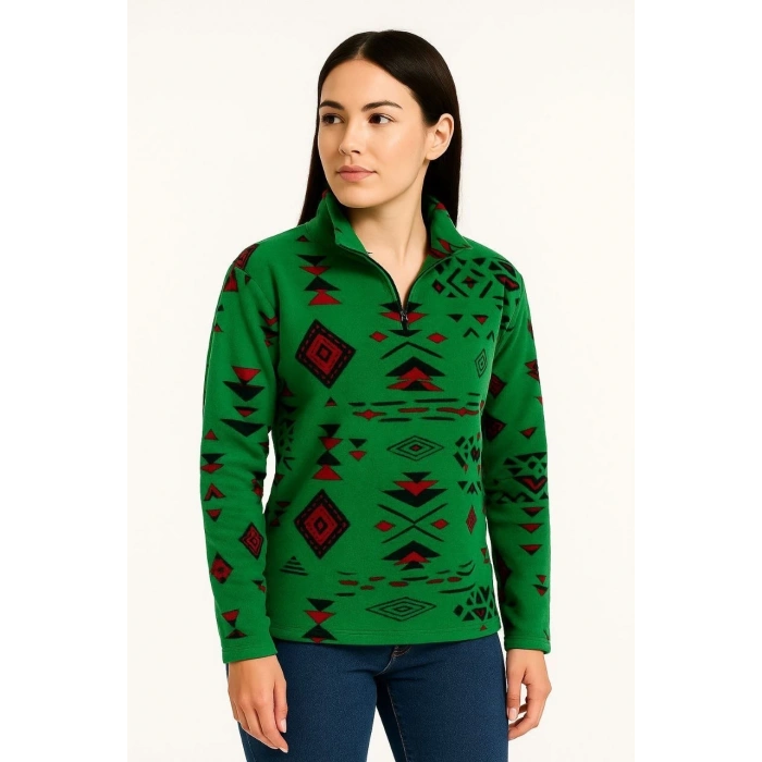 Kadın Yarım Fermuarlı Desenli Polar Sweat Tribal Etnik Desen Yakalı, Uzun Kollu, Oversize Rahat Kalıp - Yeşil