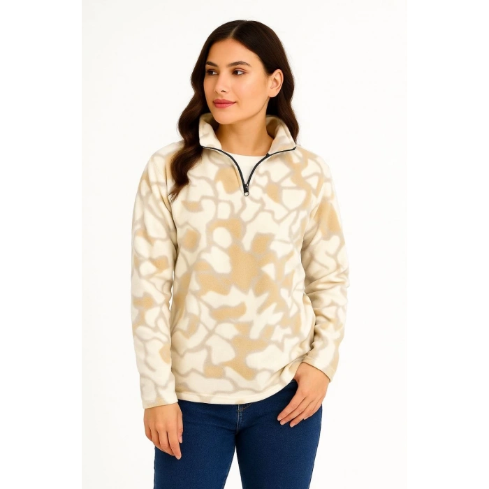 KADIN Yarım Fermuarlı Desenli Polar Sweat Yakalı, Uzun Kollu, Oversize Rahat Kalıp - Bej