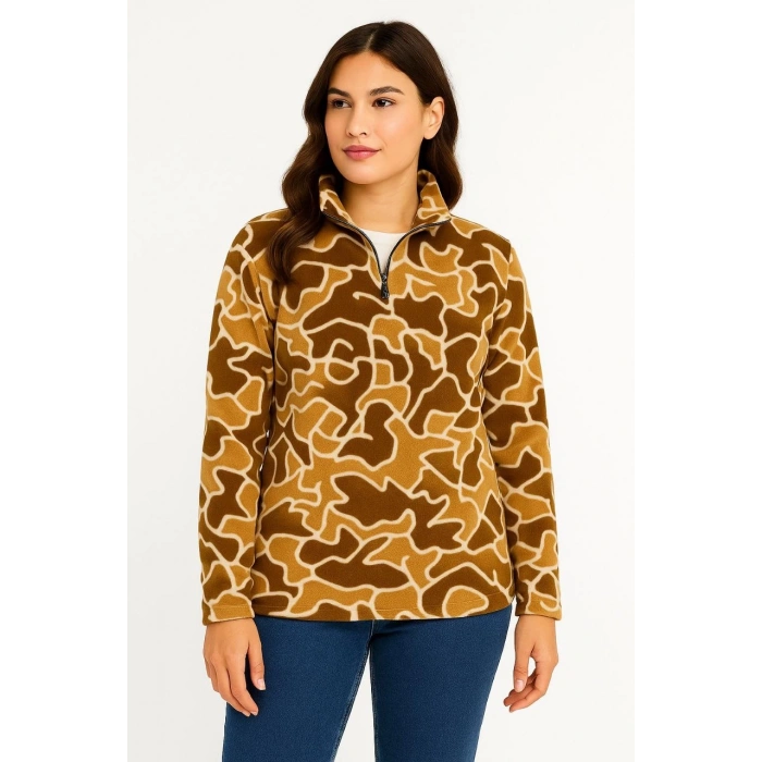 KADIN Yarım Fermuarlı Desenli Polar Sweat Yakalı, Uzun Kollu, Oversize Rahat Kalıp - Kahverengi