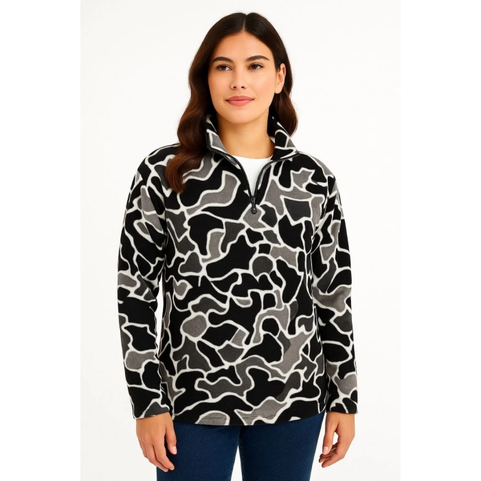 KADIN Yarım Fermuarlı Desenli Polar Sweat Yakalı, Uzun Kollu, Oversize Rahat Kalıp - Siyah