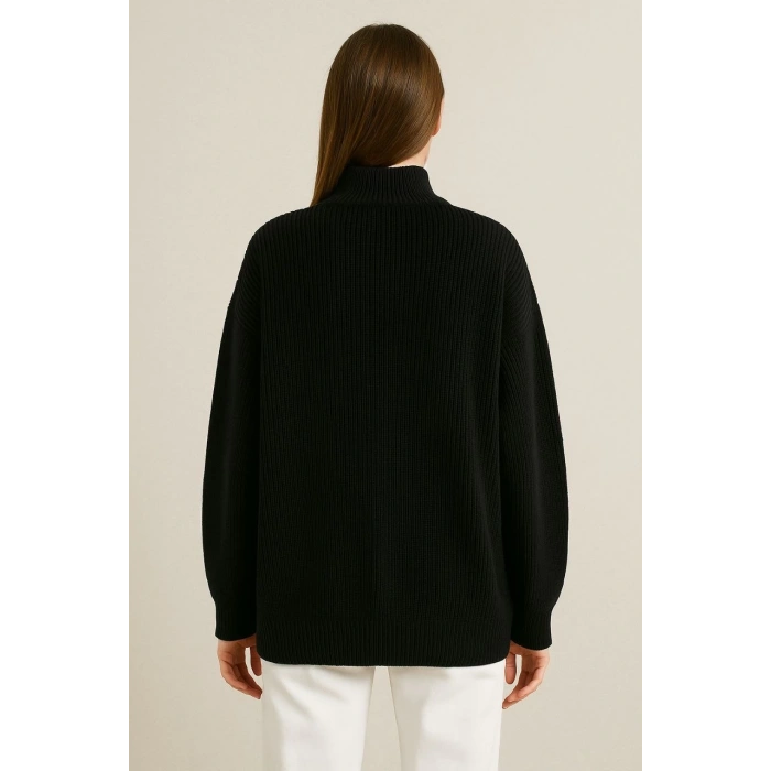 KADIN Yarım Fermuarlı Triko Kazak – Selanik Örgü, Dik Yaka, Pamuklu Dokuma, Oversize Uzun Kollu Kışlık Model - Siyah