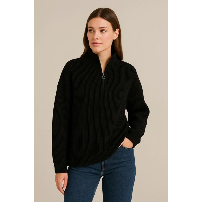 KADIN Yarım Fermuarlı Triko Kazak – Selanik Örgü, Dik Yaka, Pamuklu Dokuma, Oversize Uzun Kollu Kışlık Model - Siyah