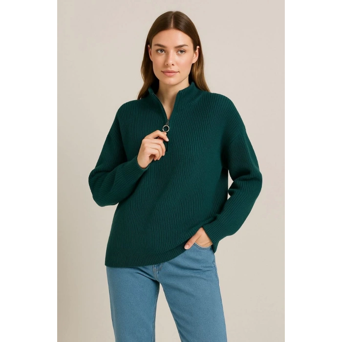 KADIN YARIM FERMUARLI TRİKO KAZAK – SELANİK ÖRGÜ, DİK YAKA, PAMUKLU DOKUMA, OVERSİZE UZUN KOLLU KIŞLIK MODEL - HAKİ