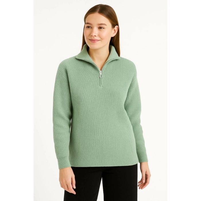 KADIN Yarım Fermuarlı Triko Kazak – Selanik Örgü, Dik Yaka, Pamuklu Dokuma, Oversize Uzun Kollu Kışlık Model - Mint Yeşili