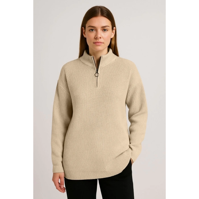 KADIN YARIM FERMUARLI TRİKO KAZAK – SELANİK ÖRGÜ, DİK YAKA, PAMUKLU DOKUMA, OVERSİZE UZUN KOLLU KIŞLIK MODEL - BEJ