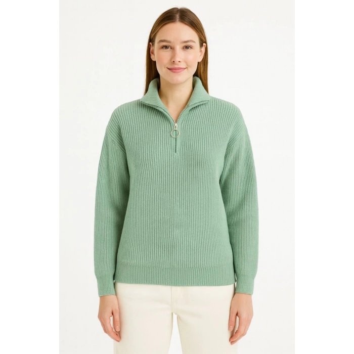 KADIN Yarım Fermuarlı Triko Kazak – Selanik Örgü, Dik Yaka, Pamuklu Dokuma, Oversize Uzun Kollu Kışlık Model - Mint Yeşili