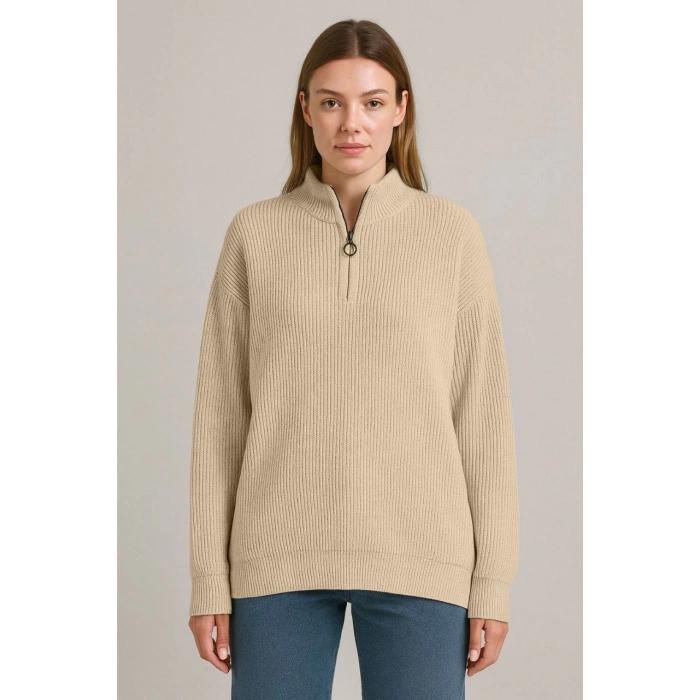 KADIN YARIM FERMUARLI TRİKO KAZAK – SELANİK ÖRGÜ, DİK YAKA, PAMUKLU DOKUMA, OVERSİZE UZUN KOLLU KIŞLIK MODEL - BEJ