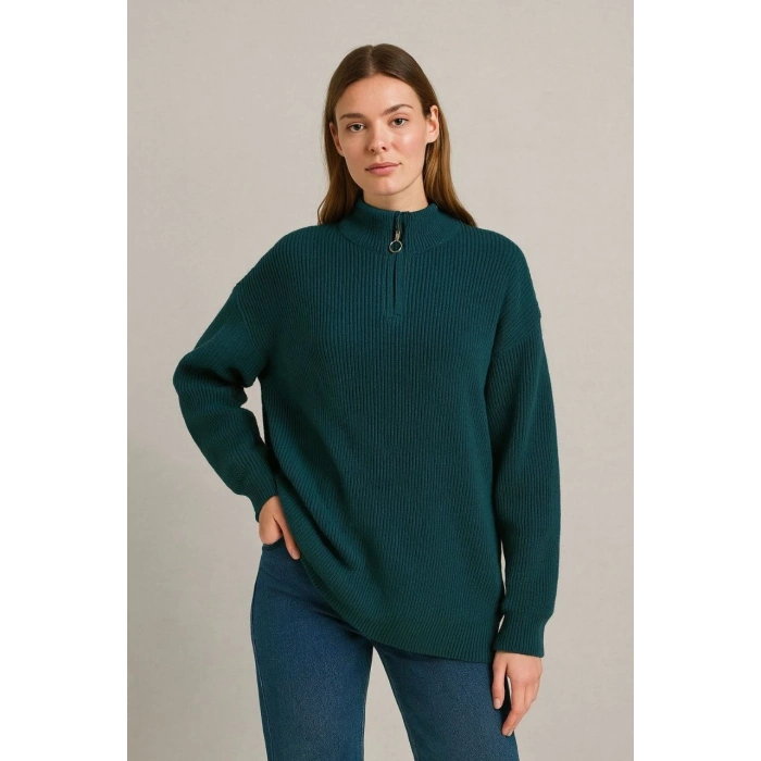 KADIN YARIM FERMUARLI TRİKO KAZAK – SELANİK ÖRGÜ, DİK YAKA, PAMUKLU DOKUMA, OVERSİZE UZUN KOLLU KIŞLIK MODEL - HAKİ