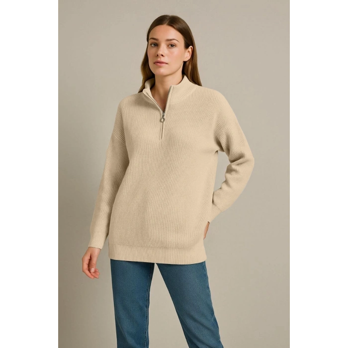 KADIN YARIM FERMUARLI TRİKO KAZAK – SELANİK ÖRGÜ, DİK YAKA, PAMUKLU DOKUMA, OVERSİZE UZUN KOLLU KIŞLIK MODEL - BEJ