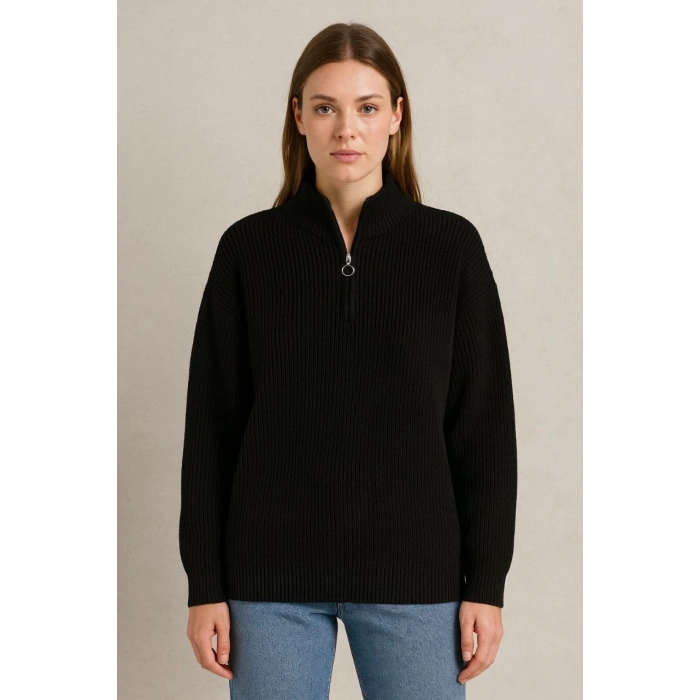 KADIN Yarım Fermuarlı Triko Kazak – Selanik Örgü, Dik Yaka, Pamuklu Dokuma, Oversize Uzun Kollu Kışlık Model - Siyah