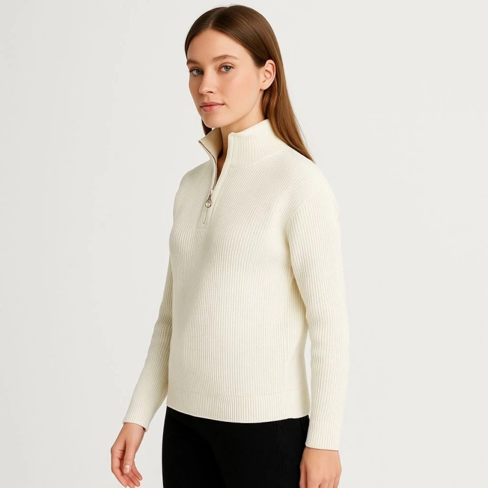 KADIN Yarım Fermuarlı Triko Kazak – Selanik Örgü, Dik Yaka, Pamuklu Dokuma, Oversize Uzun Kollu Kışlık Model - Beyaz