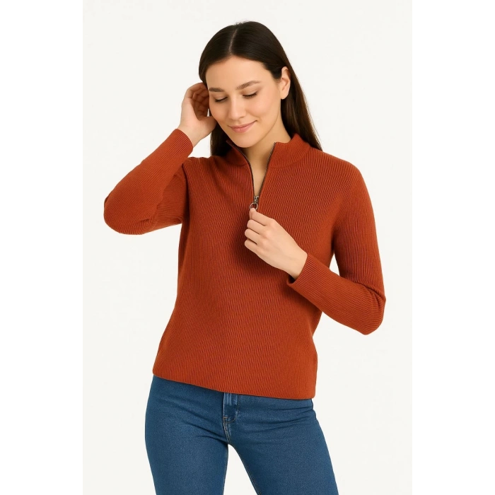 KADIN YARIM FERMUARLI TRİKO KAZAK – SELANİK ÖRGÜ, DİK YAKA, PAMUKLU DOKUMA, OVERSİZE UZUN KOLLU KIŞLIK MODEL - KİREMİT