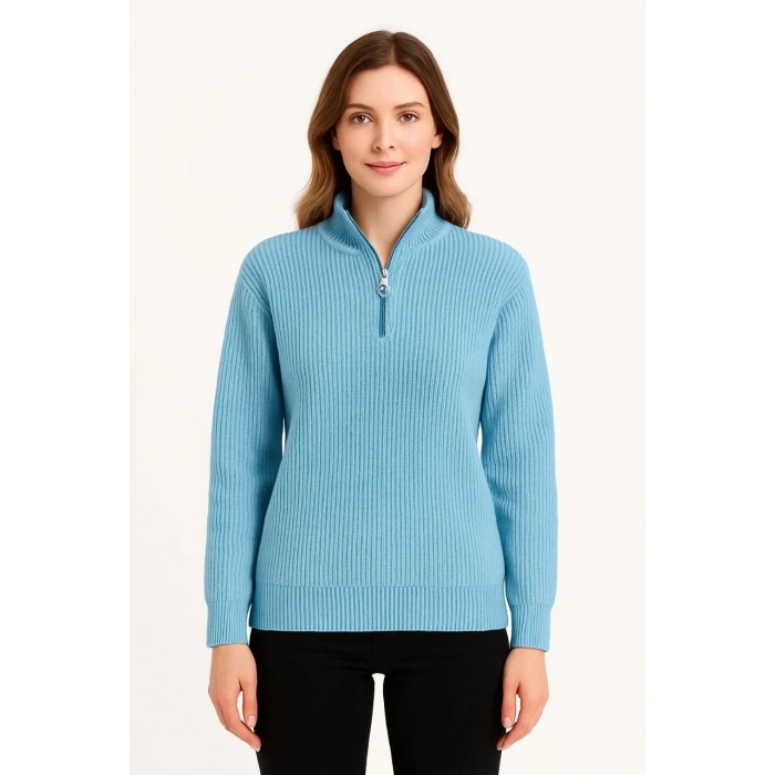 KADIN Yarım Fermuarlı Triko Kazak – Selanik Örgü, Dik Yaka, Pamuklu Dokuma, Oversize Uzun Kollu Kışlık Model - Bebe Mavisi