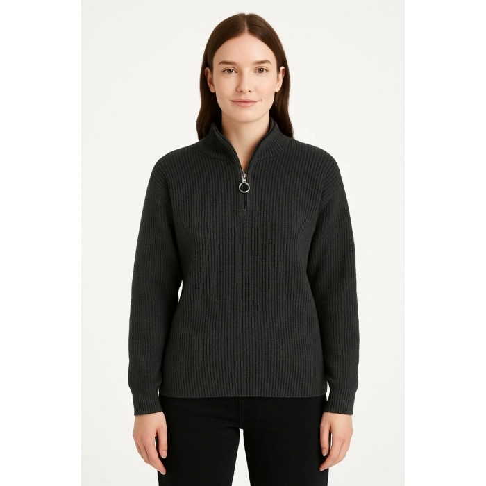 KADIN YARIM FERMUARLI TRİKO KAZAK – SELANİK ÖRGÜ, DİK YAKA, PAMUKLU DOKUMA, OVERSİZE UZUN KOLLU KIŞLIK MODEL - FÜME