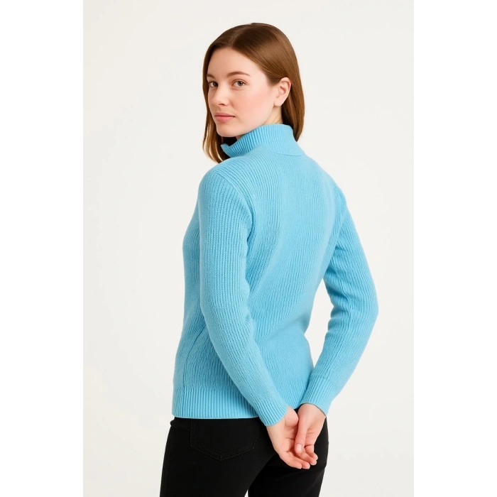 KADIN Yarım Fermuarlı Triko Kazak – Selanik Örgü, Dik Yaka, Pamuklu Dokuma, Oversize Uzun Kollu Kışlık Model - Bebe Mavisi