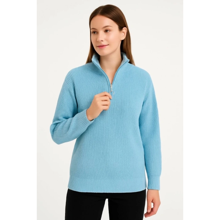 KADIN Yarım Fermuarlı Triko Kazak – Selanik Örgü, Dik Yaka, Pamuklu Dokuma, Oversize Uzun Kollu Kışlık Model - Bebe Mavisi