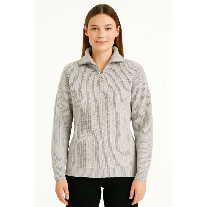 KADIN YARIM FERMUARLI TRİKO KAZAK – SELANİK ÖRGÜ, DİK YAKA, PAMUKLU DOKUMA, REGULAR FİT UZUN KOLLU KIŞLIK MODEL - GRİ