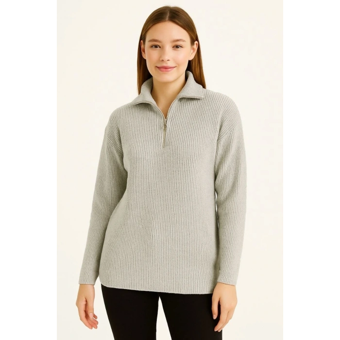 KADIN YARIM FERMUARLI TRİKO KAZAK – SELANİK ÖRGÜ, DİK YAKA, PAMUKLU DOKUMA, REGULAR FİT UZUN KOLLU KIŞLIK MODEL - GRİ