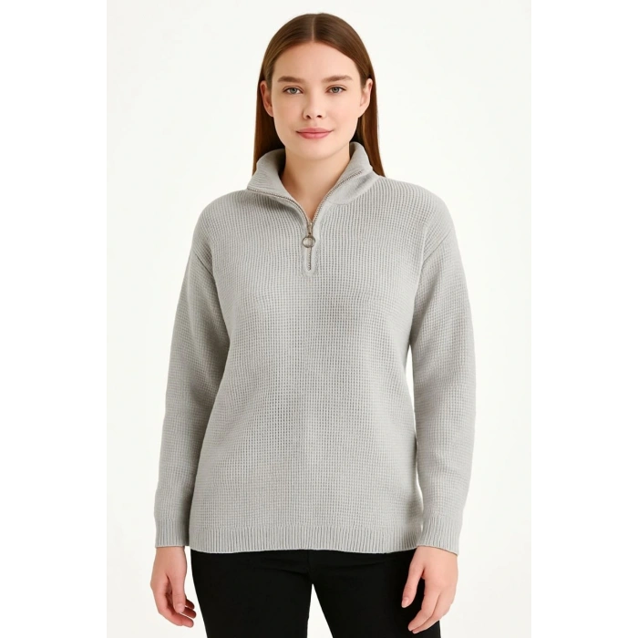 KADIN YARIM FERMUARLI TRİKO KAZAK – SELANİK ÖRGÜ, DİK YAKA, PAMUKLU DOKUMA, REGULAR FİT UZUN KOLLU KIŞLIK MODEL - GRİ