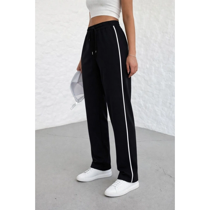 Kadın Yazlık Yandan Biyeli Salaş Bol Paça Baggy Eşofman Altı Siyah