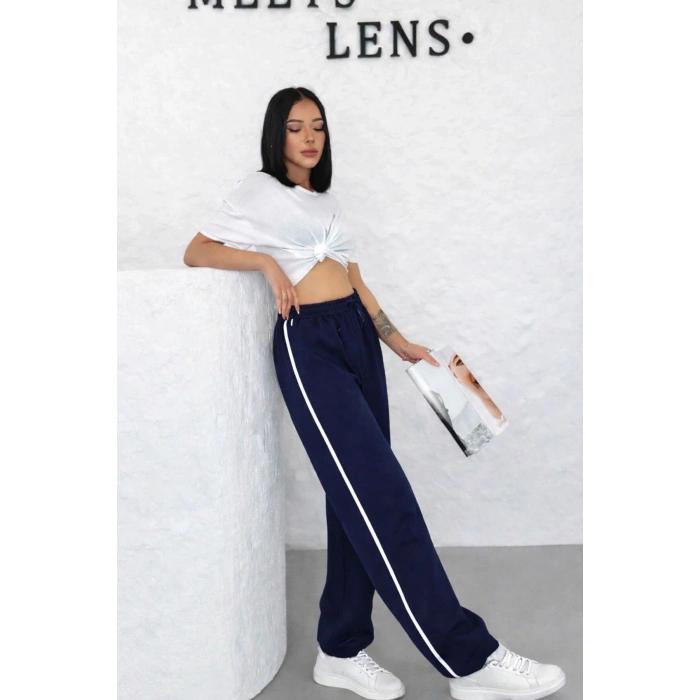 Kadın Yazlık Yandan Biyeli Salaş Bol Paça Baggy Eşofman Altı Lacivert