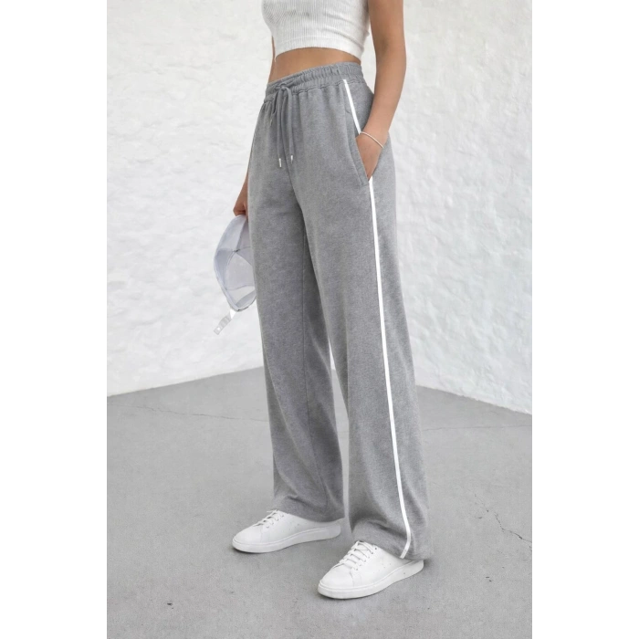 Kadın Yazlık Yandan Biyeli Salaş Bol Paça Baggy Eşofman Altı Gri