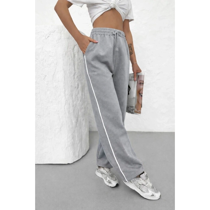 Kadın Yazlık Yandan Biyeli Salaş Bol Paça Baggy Eşofman Altı Gri