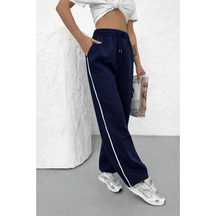 Kadın Yazlık Yandan Biyeli Salaş Bol Paça Baggy Eşofman Altı Lacivert