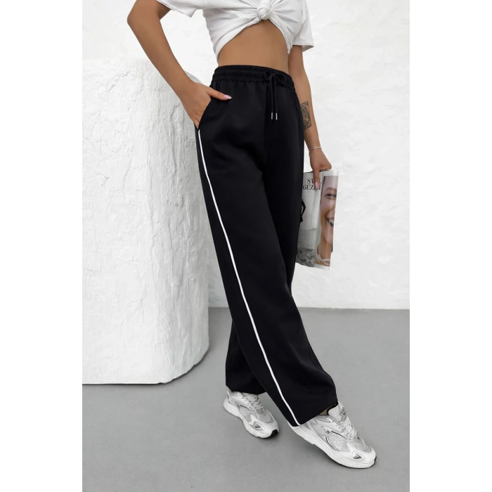 Kadın Yazlık Yandan Biyeli Salaş Bol Paça Baggy Eşofman Altı Siyah