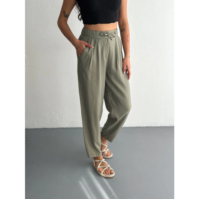 KADIN YÜKSEL BEL BELİ BAĞCIKLI CEPLİ RAHAT PAÇA PANTALON - SU YEŞİLİ