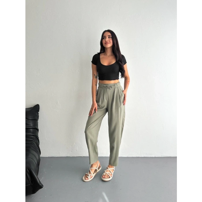 KADIN YÜKSEL BEL BELİ BAĞCIKLI CEPLİ RAHAT PAÇA PANTALON - SU YEŞİLİ