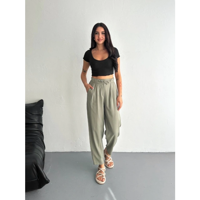 KADIN YÜKSEL BEL BELİ BAĞCIKLI CEPLİ RAHAT PAÇA PANTALON - SU YEŞİLİ