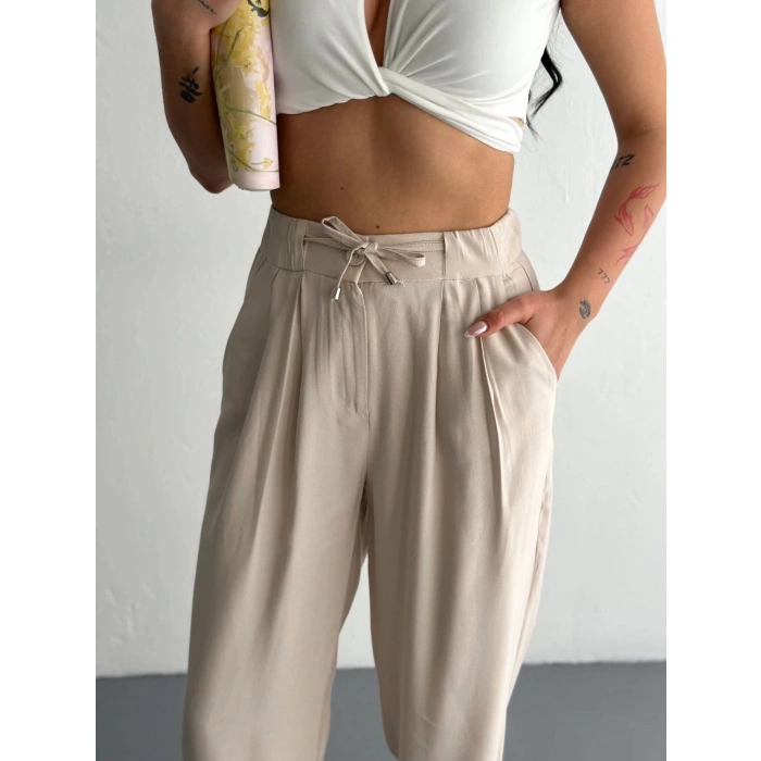 Kadın Yüksel Bel Beli Bağcıklı Rahat Boru Paça Pantalon - Kırık Beyaz