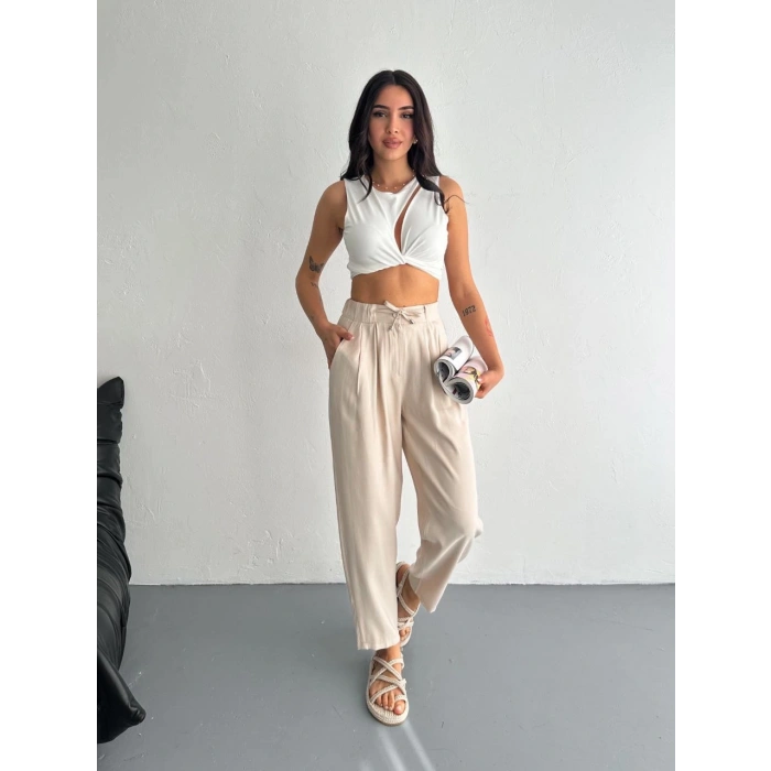 Kadın Yüksel Bel Beli Bağcıklı Rahat Boru Paça Pantalon - Kırık Beyaz